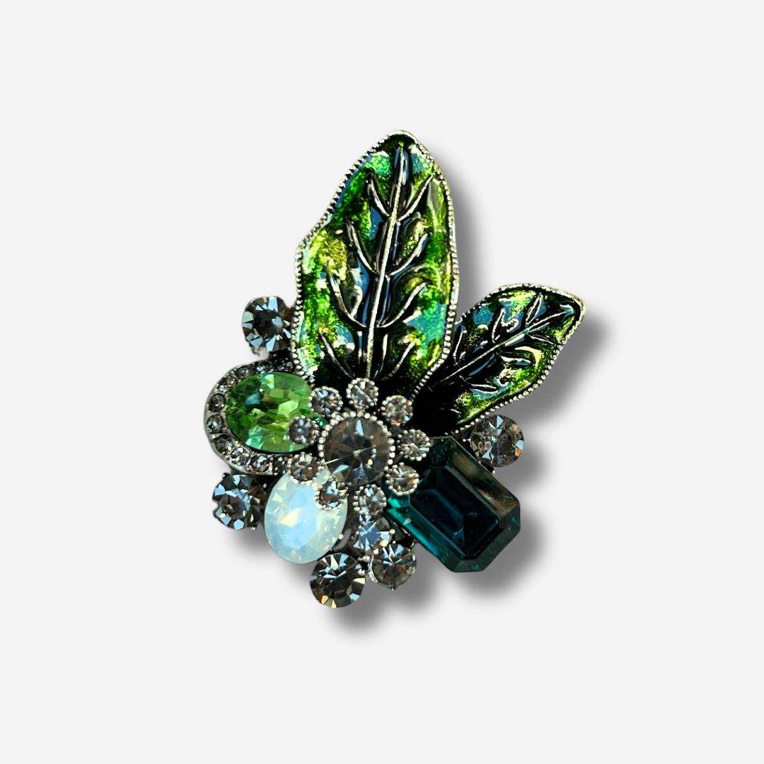 Broche bijou femme feuillage vert pierres et strass