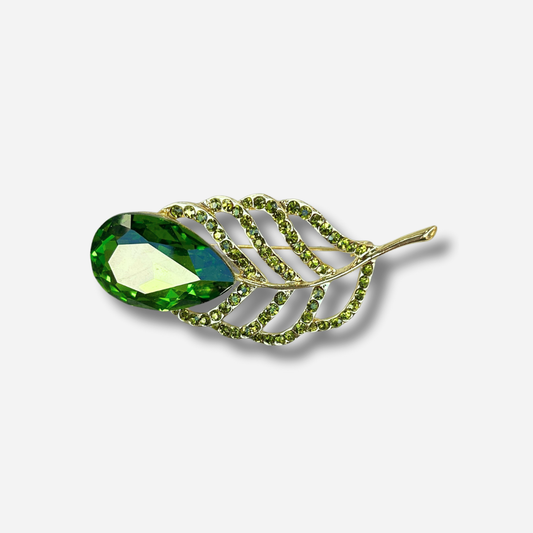Broche bijou femme feuille verte pierre facettée et cristaux verts