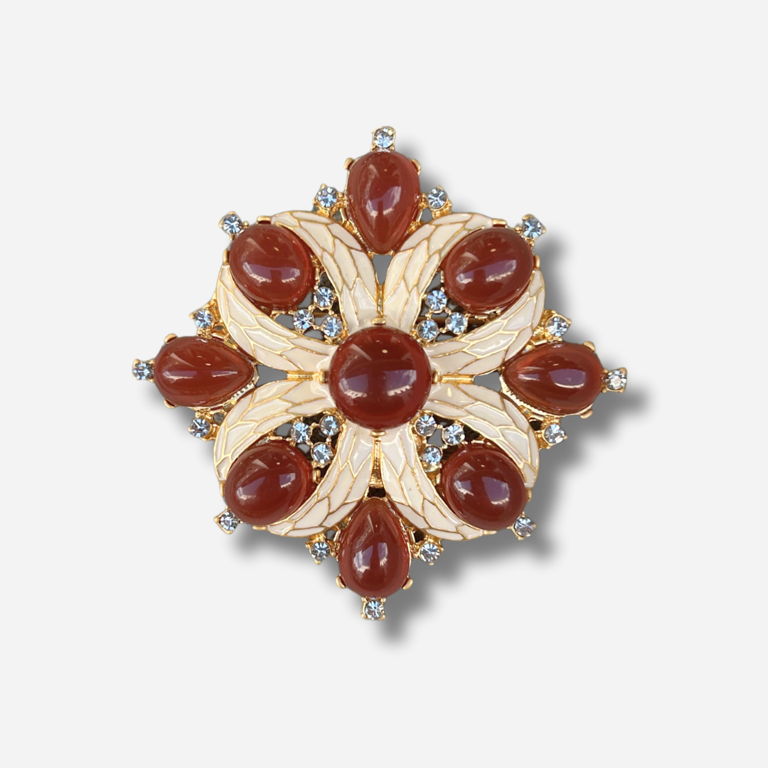 Broche bijou femme fleur corail en émail et cabochons orangés