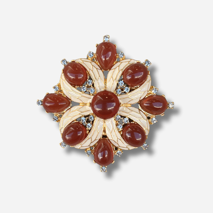 Broche bijou femme fleur corail en émail et cabochons orangés