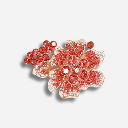 Broche bijou femme fleur corail pavée de strass scintillants