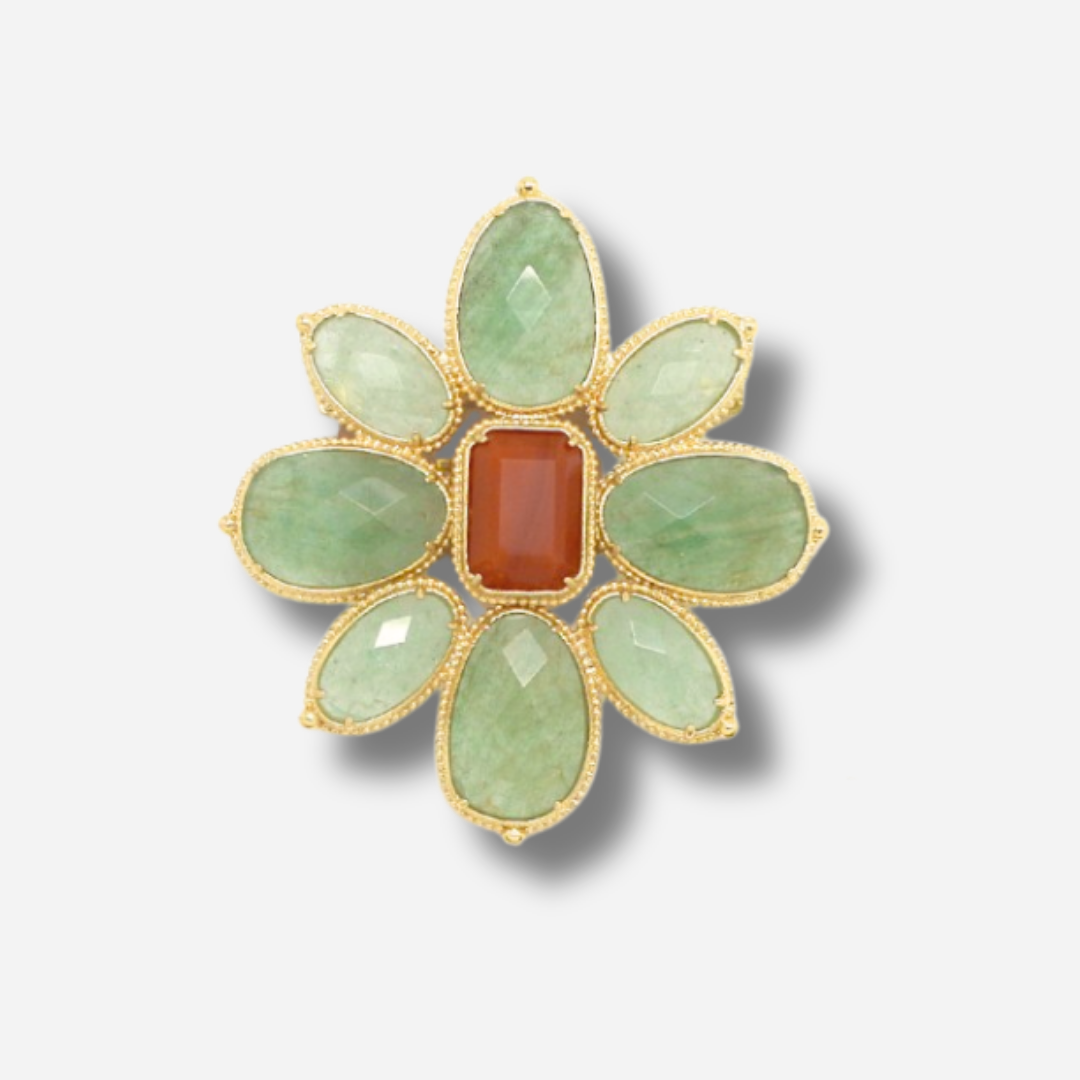 Broche bijou femme fleur verte pierres vert d’eau et cabochon corail