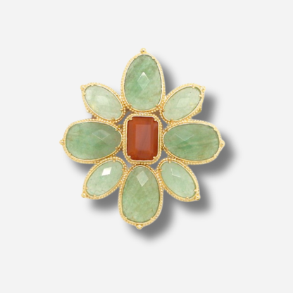 Broche bijou femme fleur verte pierres vert d’eau et cabochon corail