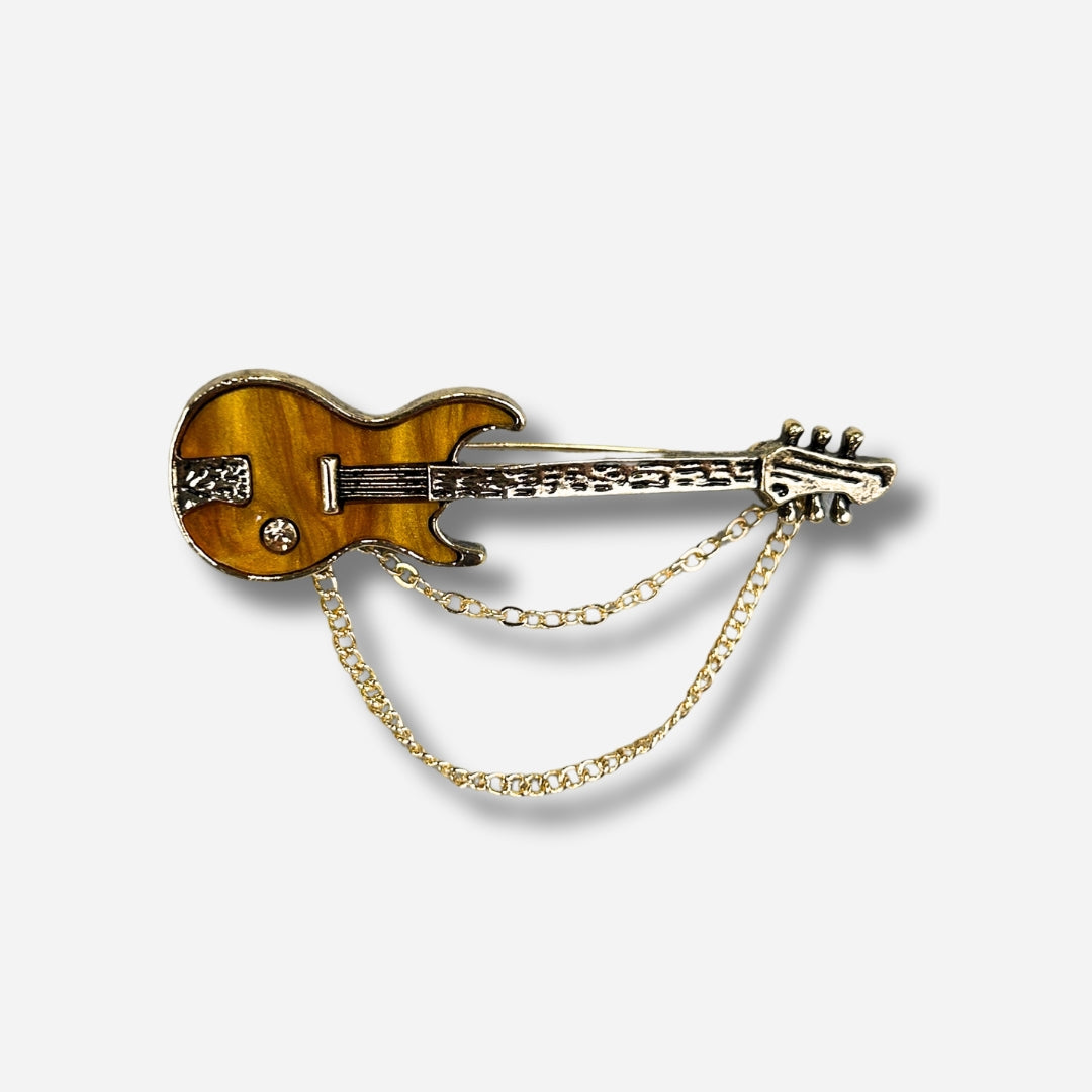 Broche bijou femme en forme de guitare avec chaîne décorative
