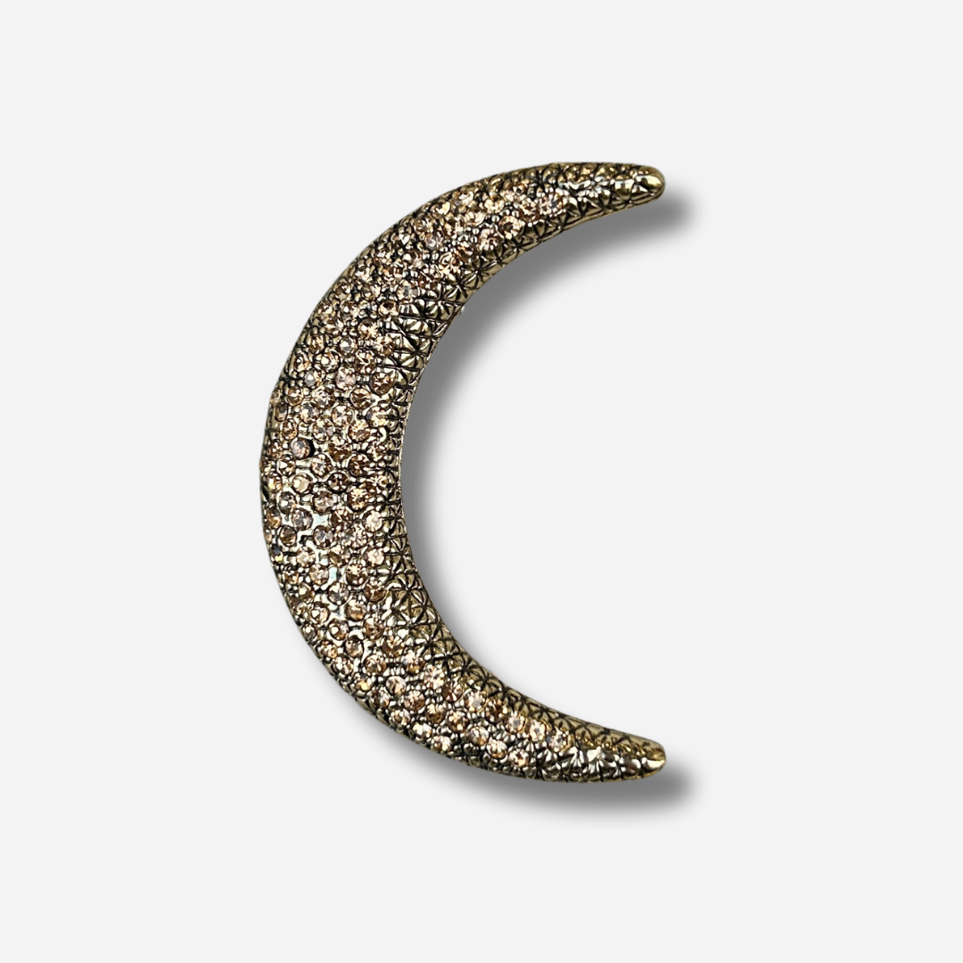 Broche bijou femme lune dorée pavée de strass