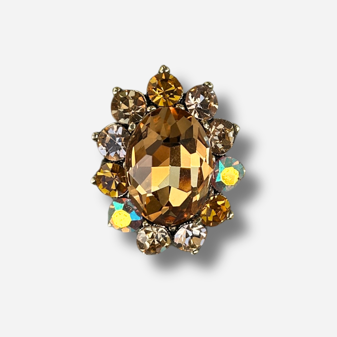 Broche bijou femme ovale marron avec pierre facettée et strass
