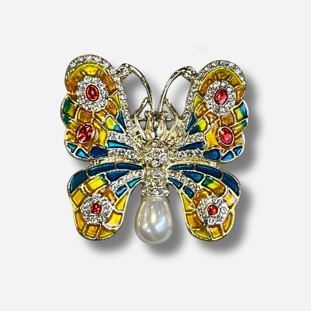 Broche bijou femme papillon multicolore ornée de strass et perle