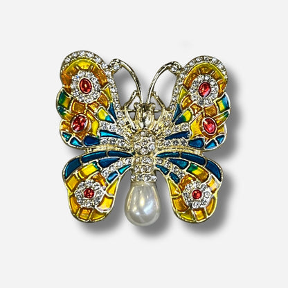 Broche bijou femme papillon multicolore ornée de strass et perle