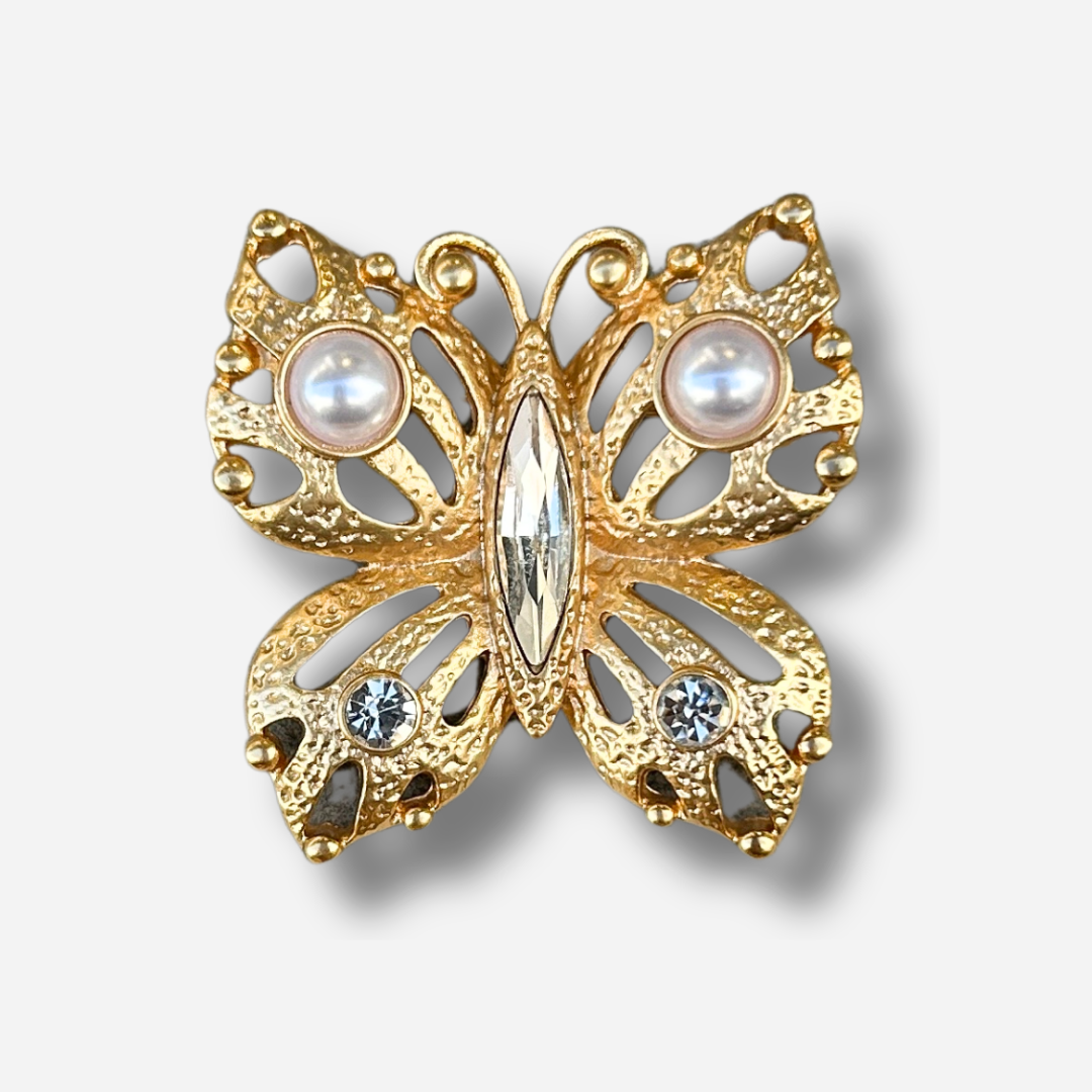 Broche bijou femme papillon doré avec perles et strass