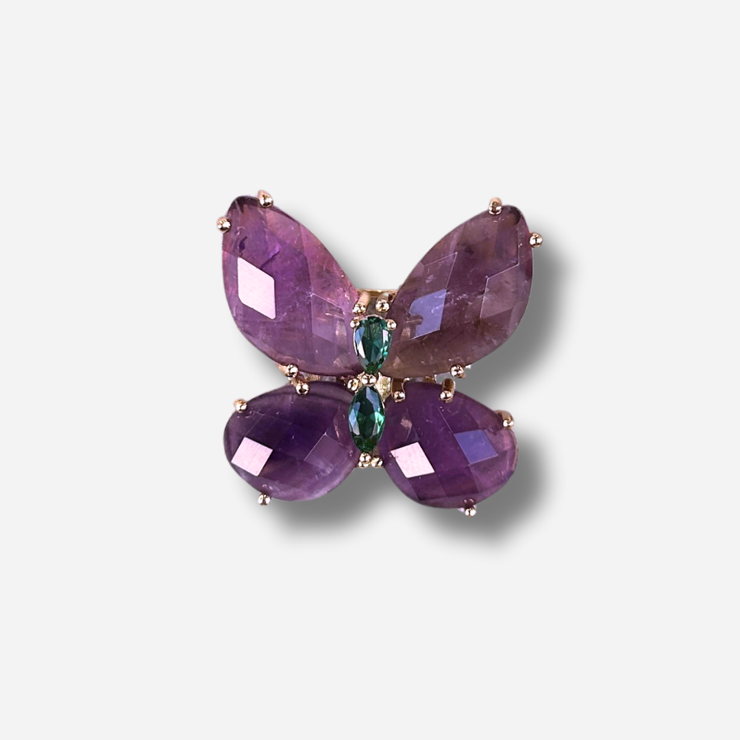 Broche bijou femme papillon violet pierres facettées détail central vert