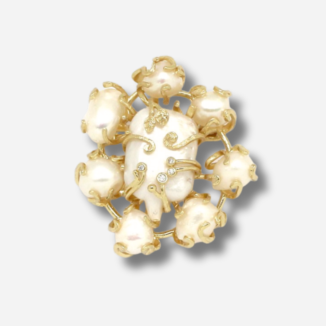 Broche bijou femme perle baroque dorée