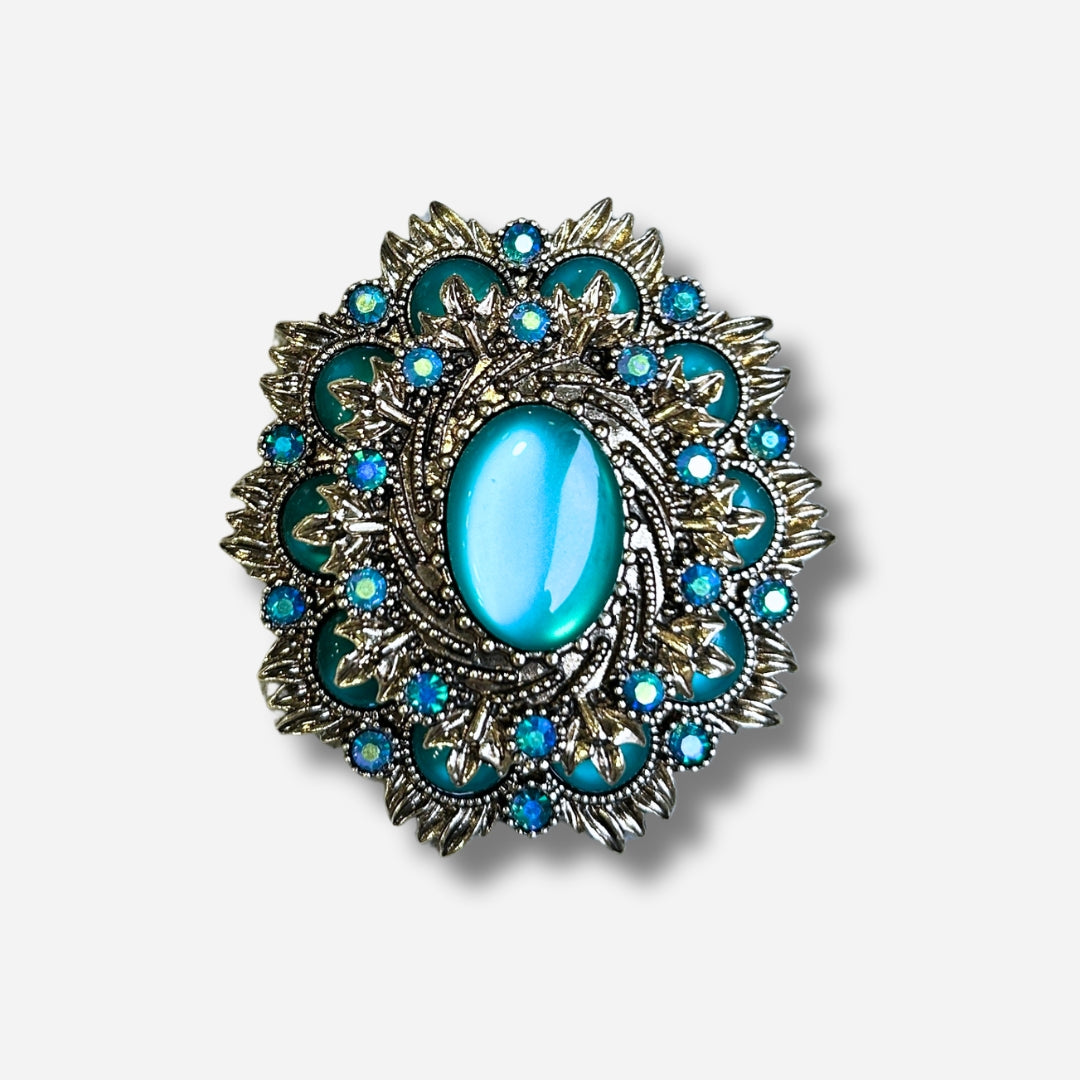 Broche bijou femme rosace bleu turquoise avec cabochon central