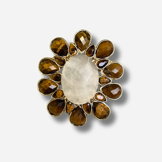 Broche bijou femme rosace marron pierres facettées et cabochon clair