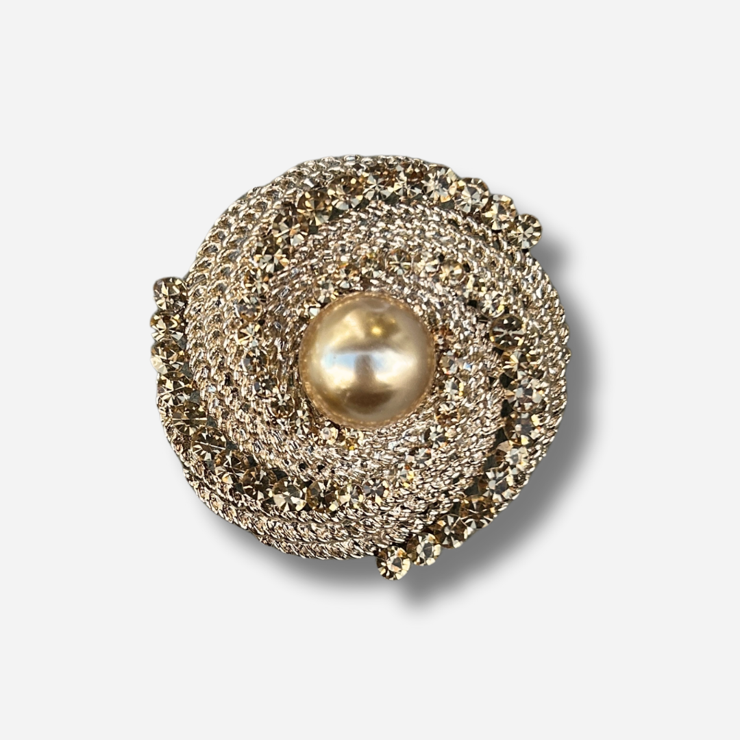 Broche bijou femme tourbillon doré strass avec perle centrale