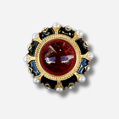 Broche bijou femme cabochon rouge et noir avec perles et monture dorée