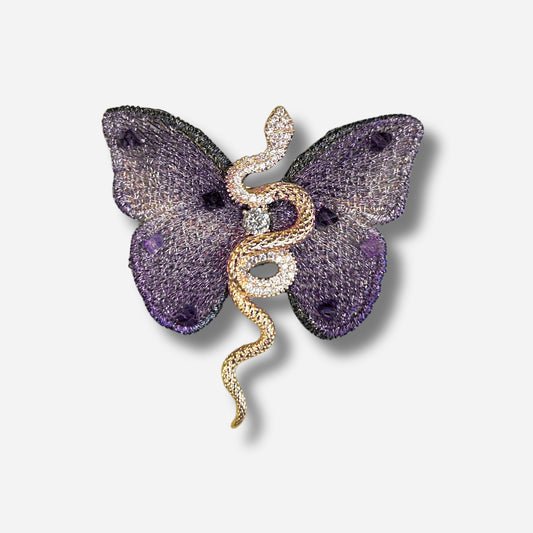Broche papillon serpent violet bijou femme doré
