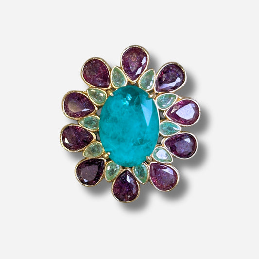 Broche rosace bleu et violet bijou femme doré