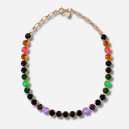 Collier Ava Fluo Crézus avec cristaux Swarovski noirs, orange, rose fluo, verts et violets, sertissage doré et chaîne à maillons – Divinity Sète
