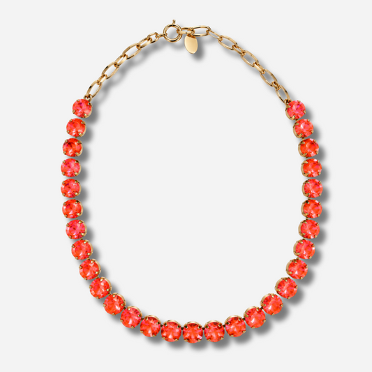 Collier Ava Fluo Orange Crézus avec cristaux ronds orange fluo facettés, sertissage doré et chaîne à maillons – Divinity Sète