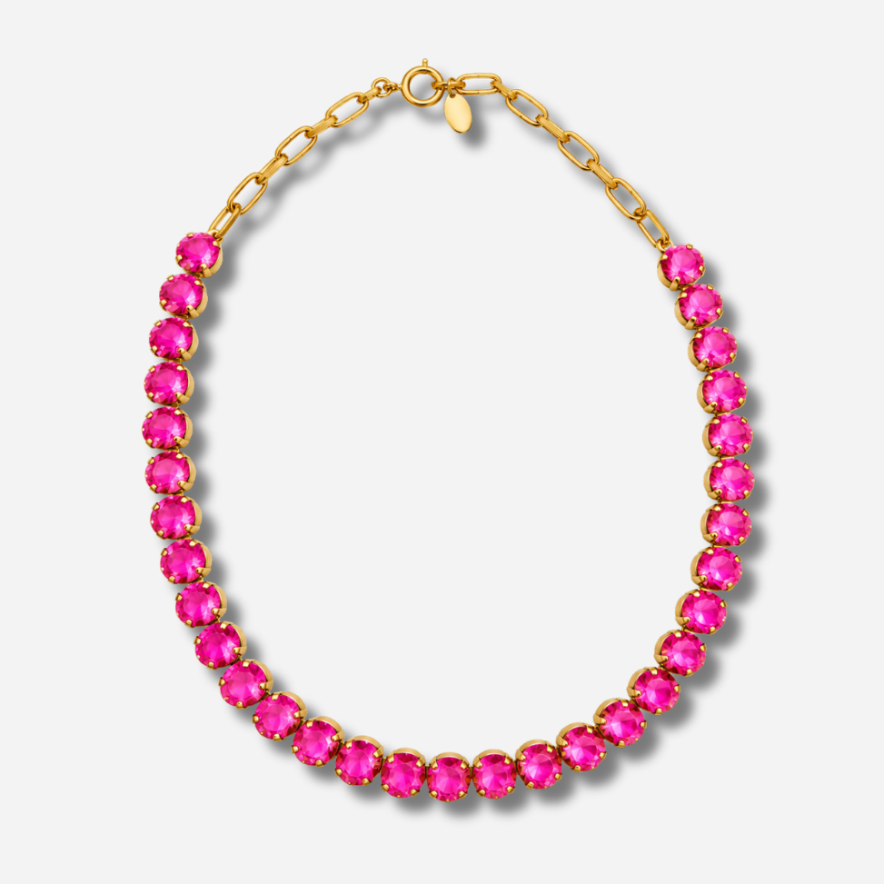 Collier Ava Rose Fluo Crézus cristaux roses fluo doré