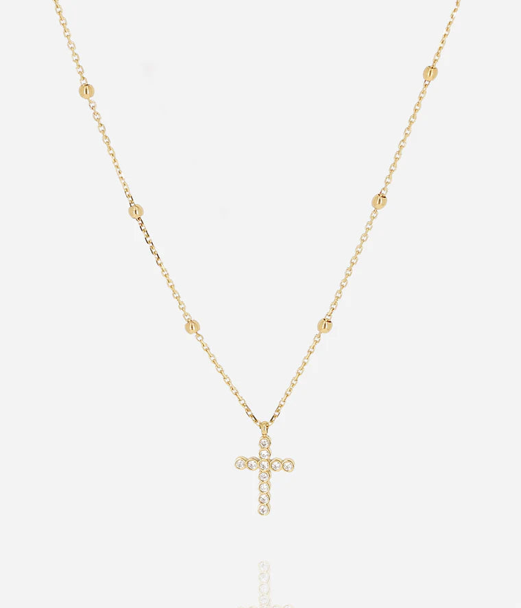 Collier Capizzi Zag doré avec pendentif croix pavée de strass