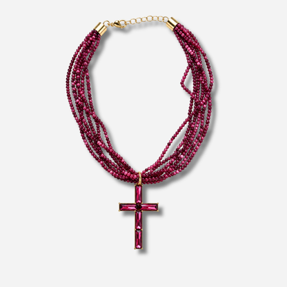 Collier Croix Bordeaux multirangs en perles bordeaux avec pendentif croix en cristaux facettés
