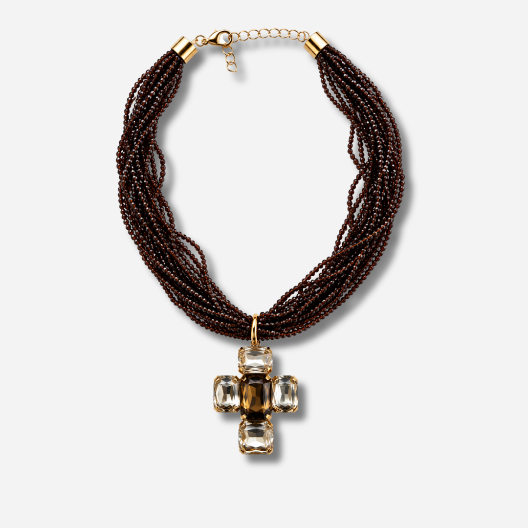 Collier Croix Marron multirangs en perles facettées avec pendentif croix en cristaux marron et champagne