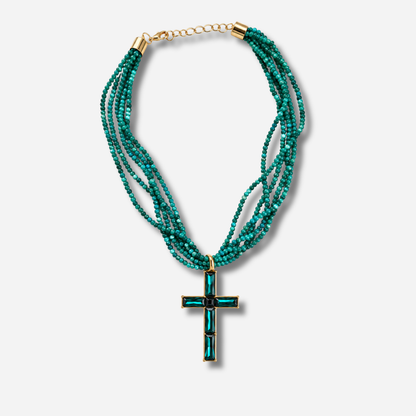 Collier Croix Vert multirangs en perles vertes avec pendentif croix en cristaux