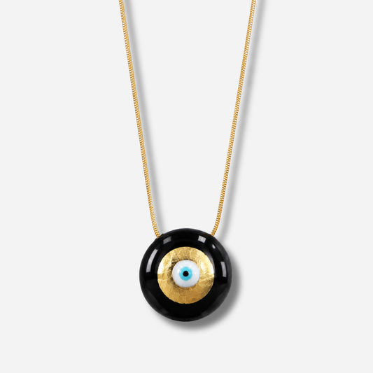Collier Evil Eye M Noir Sofia Papalexiou avec pendentif rond noir brillant de 2,8 cm en laiton émaillé, œil protecteur bleu turquoise et doré