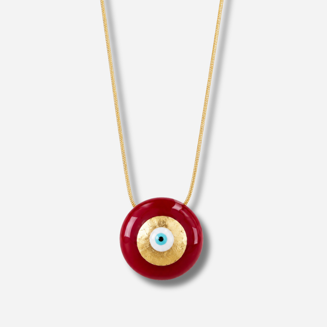 Collier Evil Eye M Rouge Sofia Papalexiou avec pendentif rond rouge de 2,8 cm en laiton émaillé, œil protecteur bleu turquoise et doré