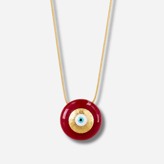 Collier Evil Eye M Rouge Sofia Papalexiou avec pendentif rond rouge de 2,8 cm en laiton émaillé, œil protecteur bleu turquoise et doré