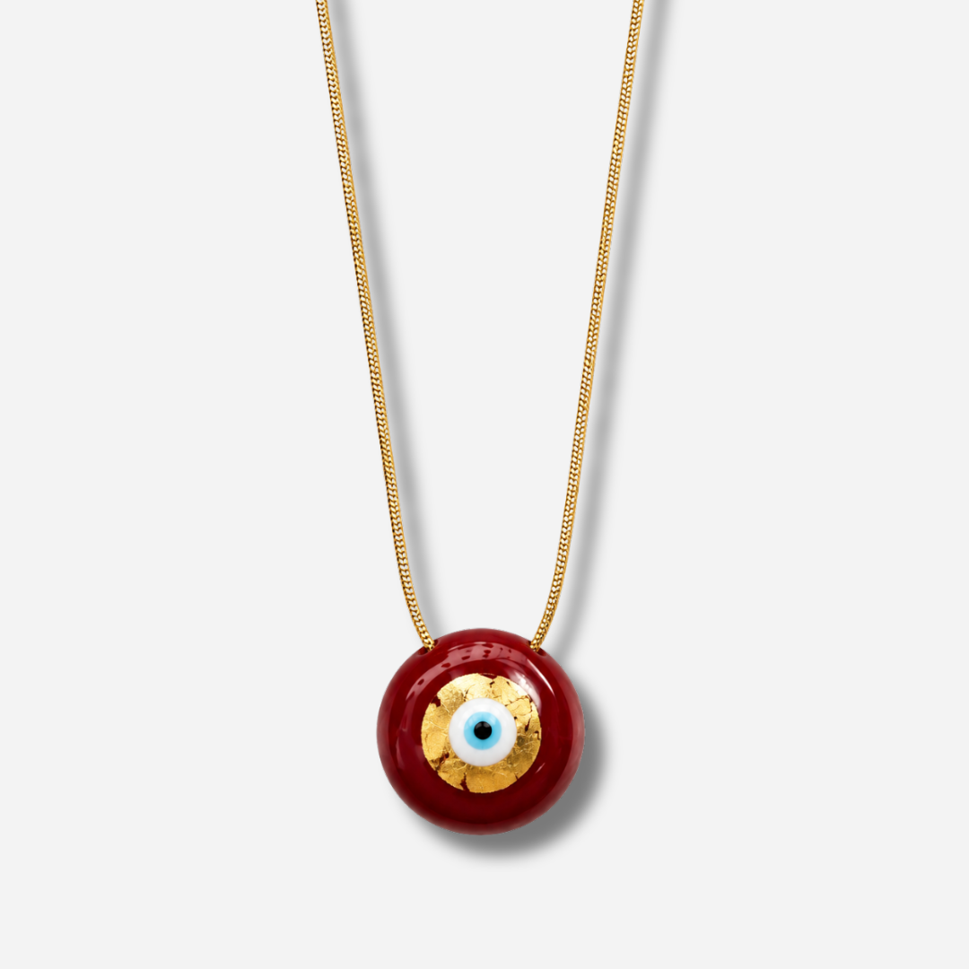 Collier Evil Eye XS Rouge Sofia Papalexiou avec pendentif rond rouge brillant, œil protecteur bleu et doré en laiton émaillé à la main