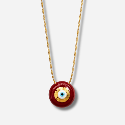 Collier Evil Eye XS Rouge Sofia Papalexiou avec pendentif rond rouge brillant, œil protecteur bleu et doré en laiton émaillé à la main