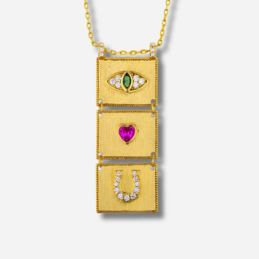 Collier I Love You Mya Bay doré pendentif triple symboles œil cœur fer à cheval