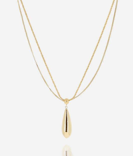 Collier Loryn Zag doré double chaîne pendentif goutte