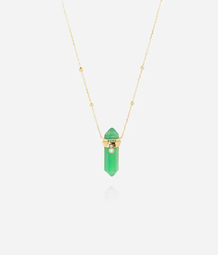 Collier Mantra ZAG pendentif pierre cristal vert ou transparent acier doré femme Divinity Sète