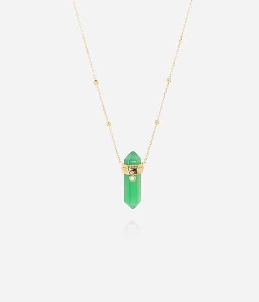 Collier Mantra ZAG pendentif pierre cristal vert ou transparent acier doré femme Divinity Sète