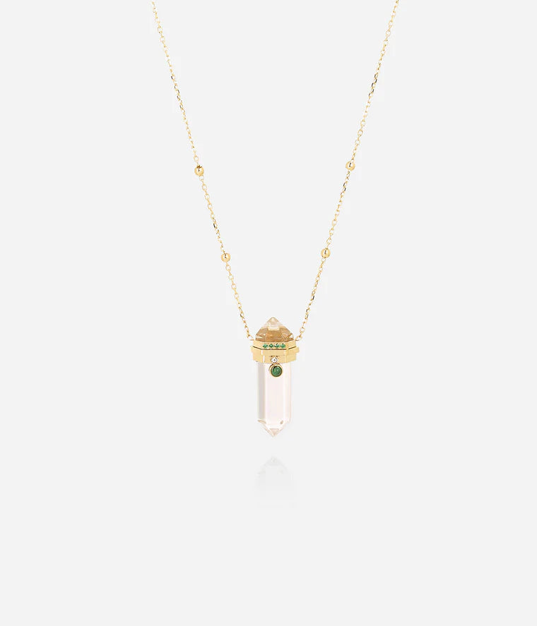 Collier Mantra ZAG pendentif pierre cristal vert ou transparent acier doré femme Divinity Sète