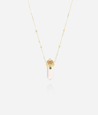 Collier Mantra ZAG pendentif pierre cristal vert ou transparent acier doré femme Divinity Sète