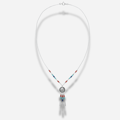 Collier N902 PM Harpo en argent massif avec pendentif Concha gravé, pampilles argentées et perles multicolores fabriqué à la main aux États-Unis.