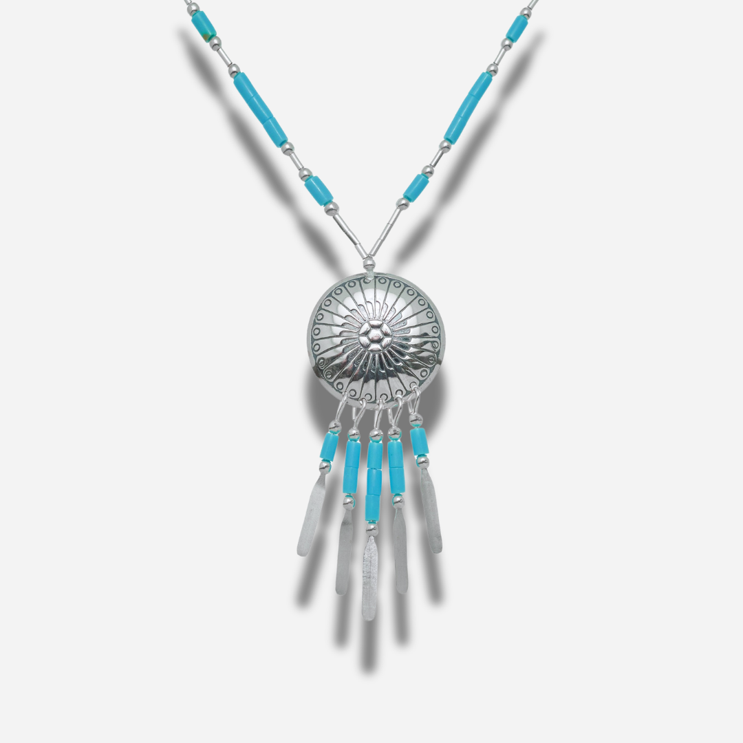 Collier N914 GM Harpo en argent massif avec pendentif Concha gravé, pampilles argentées et perles turquoise fabriqué à la main aux États-Unis.