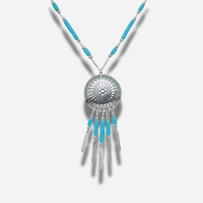 Collier N914 GM Harpo en argent massif avec pendentif Concha gravé, pampilles argentées et perles turquoise fabriqué à la main aux États-Unis.