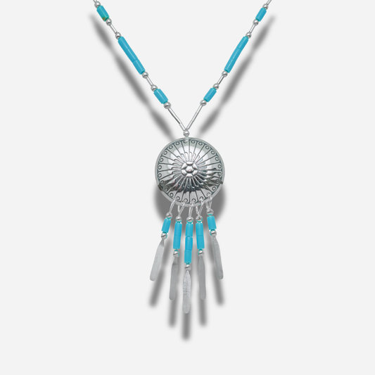 Collier N914 GM Harpo en argent massif avec pendentif Concha gravé, pampilles argentées et perles turquoise fabriqué à la main aux États-Unis.