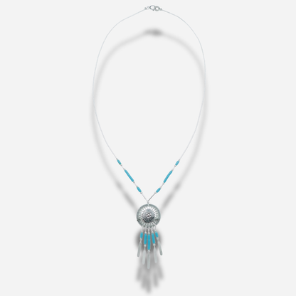 Collier N914 GM Harpo en argent massif avec pendentif Concha gravé, pampilles argentées et perles turquoise fabriqué à la main aux États-Unis.