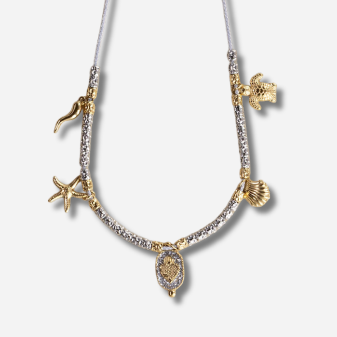 Collier Palombaggia Ex Voto Argent Amadrina en acier doré 18K avec cristaux argentés, Ex Voto central et pampilles marines