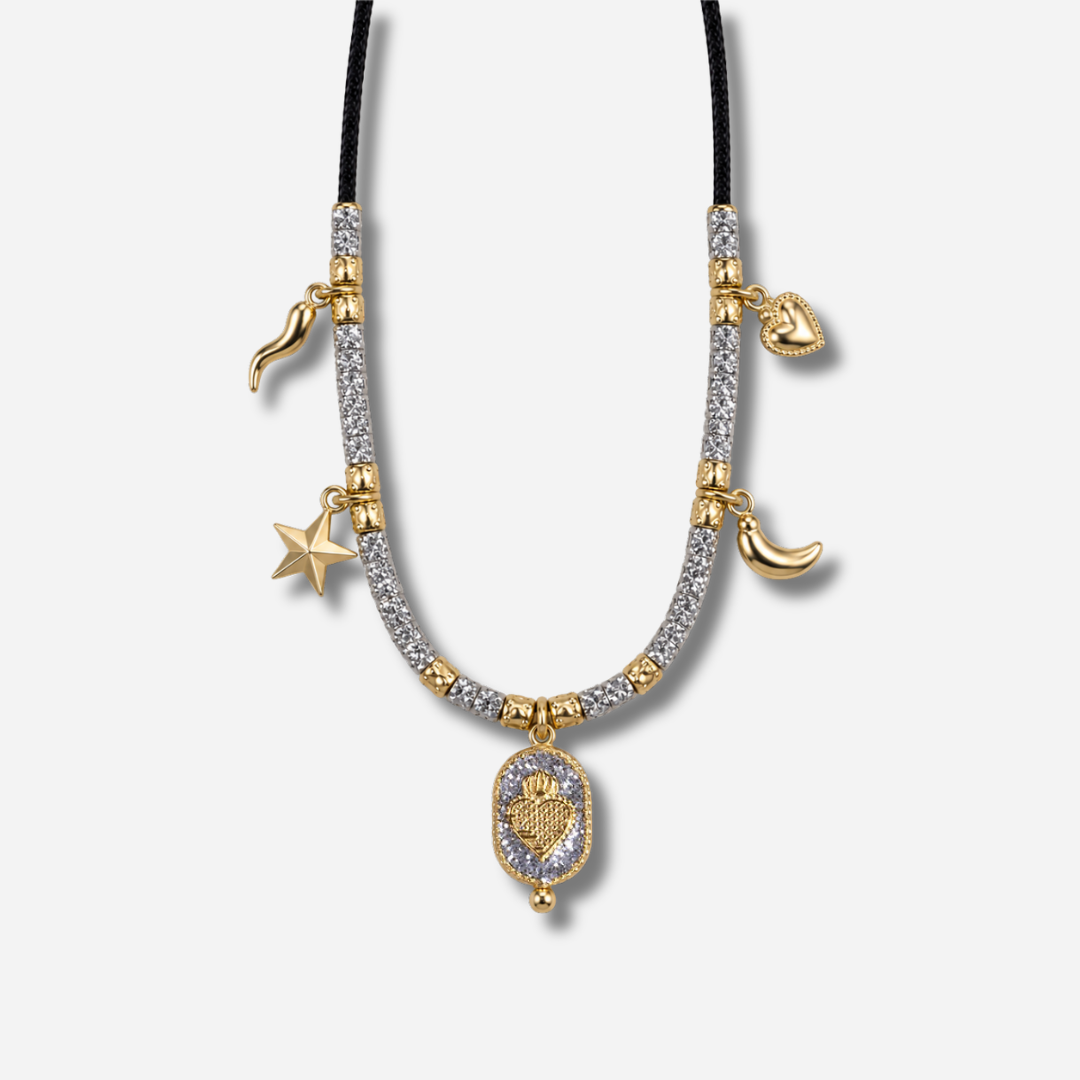 Collier Palombaggia Ex-Voto Argent Amadrina avec cœur sacré doré sur fond argent pailleté