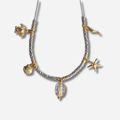 Collier Palombaggia Madone Argent Amadrina en acier doré 18K avec cristaux argentés, Madone centrale et pampilles marines