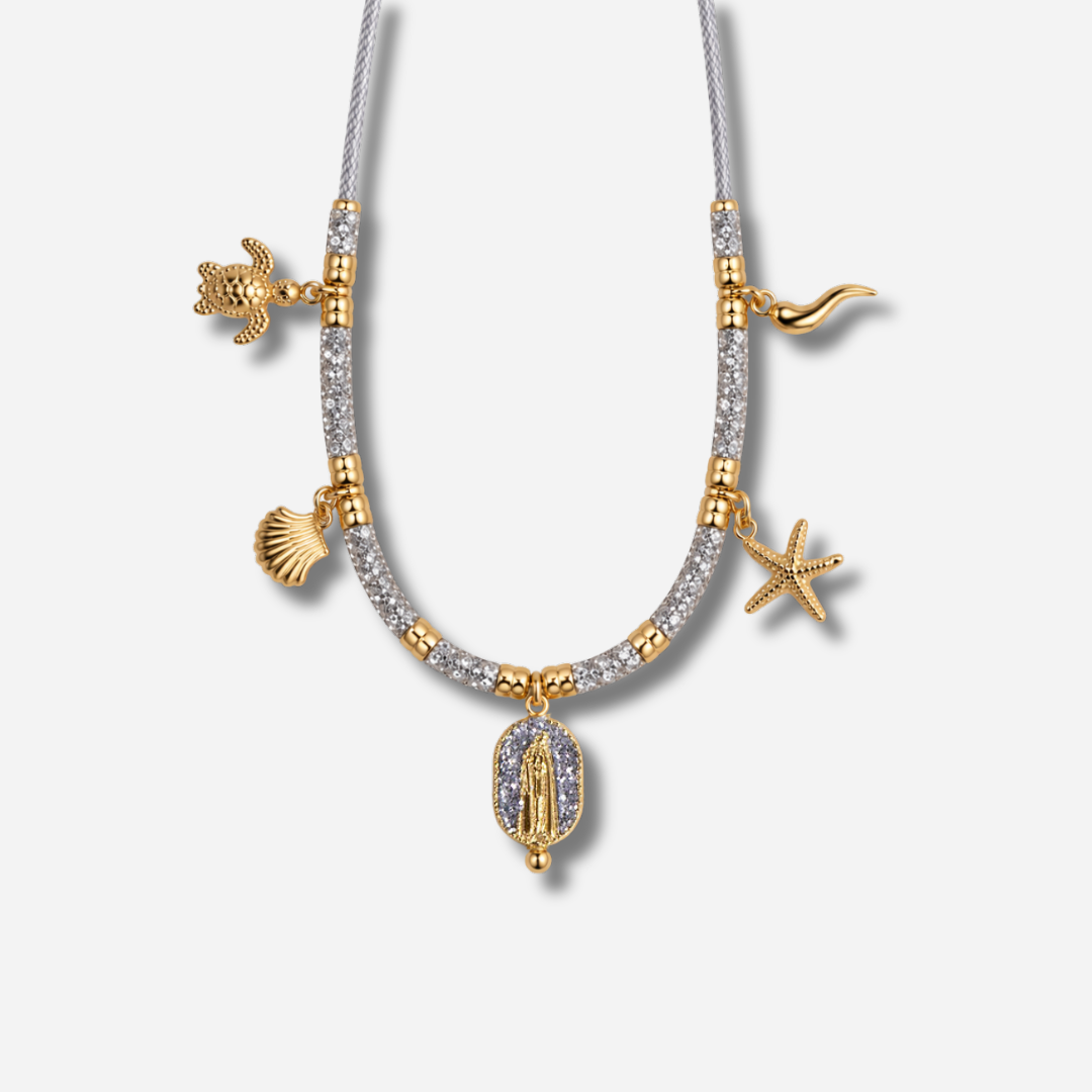 Collier Palombaggia Madone Argent Amadrina en acier doré 18K avec cristaux argentés, Madone centrale et pampilles marines