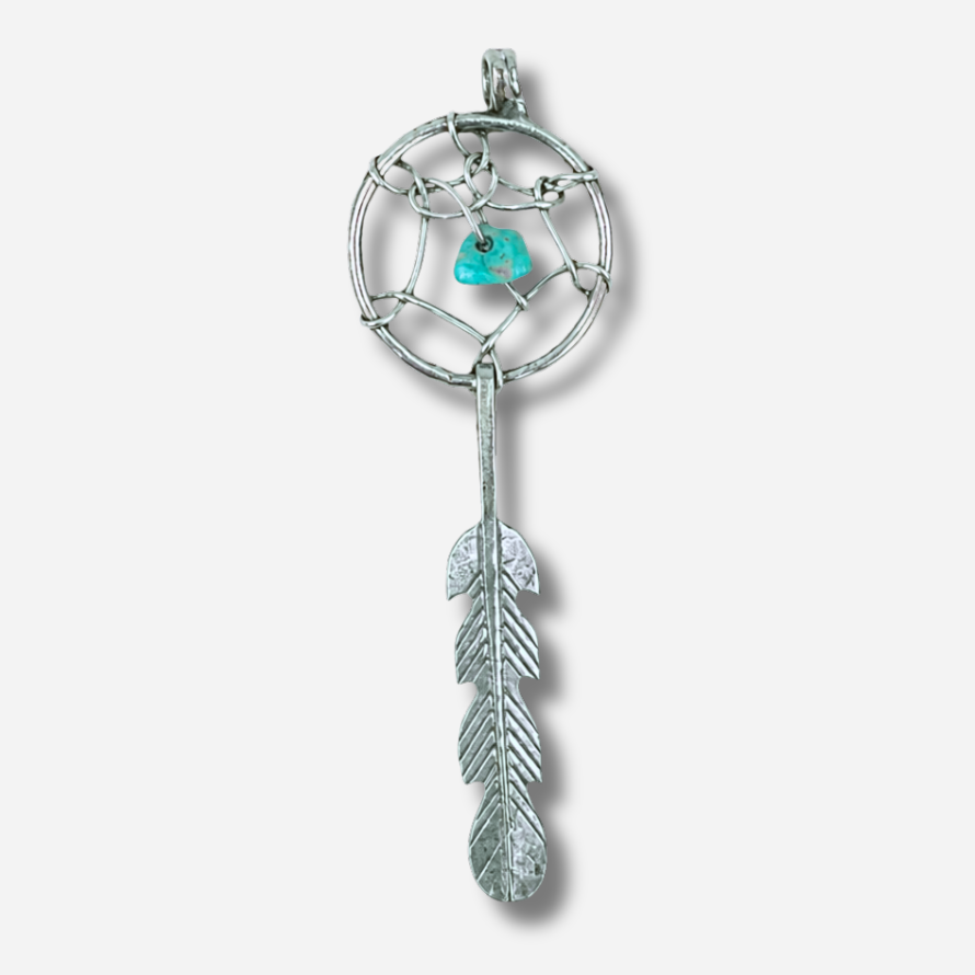 Pendentif Harpo PE349 attrape-rêves en argent 925 avec turquoise naturelle suspendue et plume gravée inspirée des traditions amérindiennes