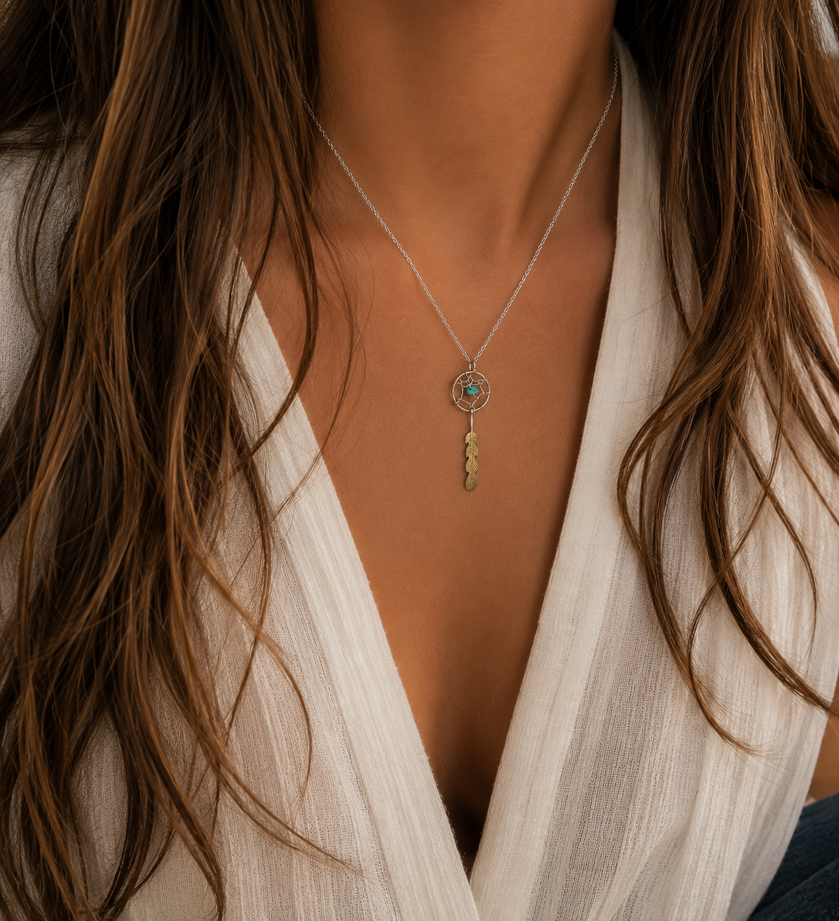 Pendentif Harpo PE349 attrape-rêves en argent 925 avec turquoise naturelle suspendue et plume gravée inspirée des traditions amérindiennes.